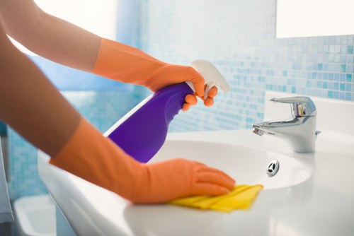 Carpet cleaning worker preparing safe equipment in a tidy workspace