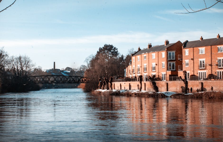 A river flowing beside a row of red brick residential buildings with white-framed windows and black balconies, situated along a pavement with bare trees and low stone walls. The scene is illuminated by natural daylight, with a clear blue sky and a bridge visible in the background. Although the image primarily depicts an outdoor riverside view, it reflects the importance of maintaining clean and well-kept surfaces in riverside residential areas, aligning with Putney Carpet Cleaning's focus on surface cleaning and maintenance in the Putney Bridge area to support hygienic living environments.